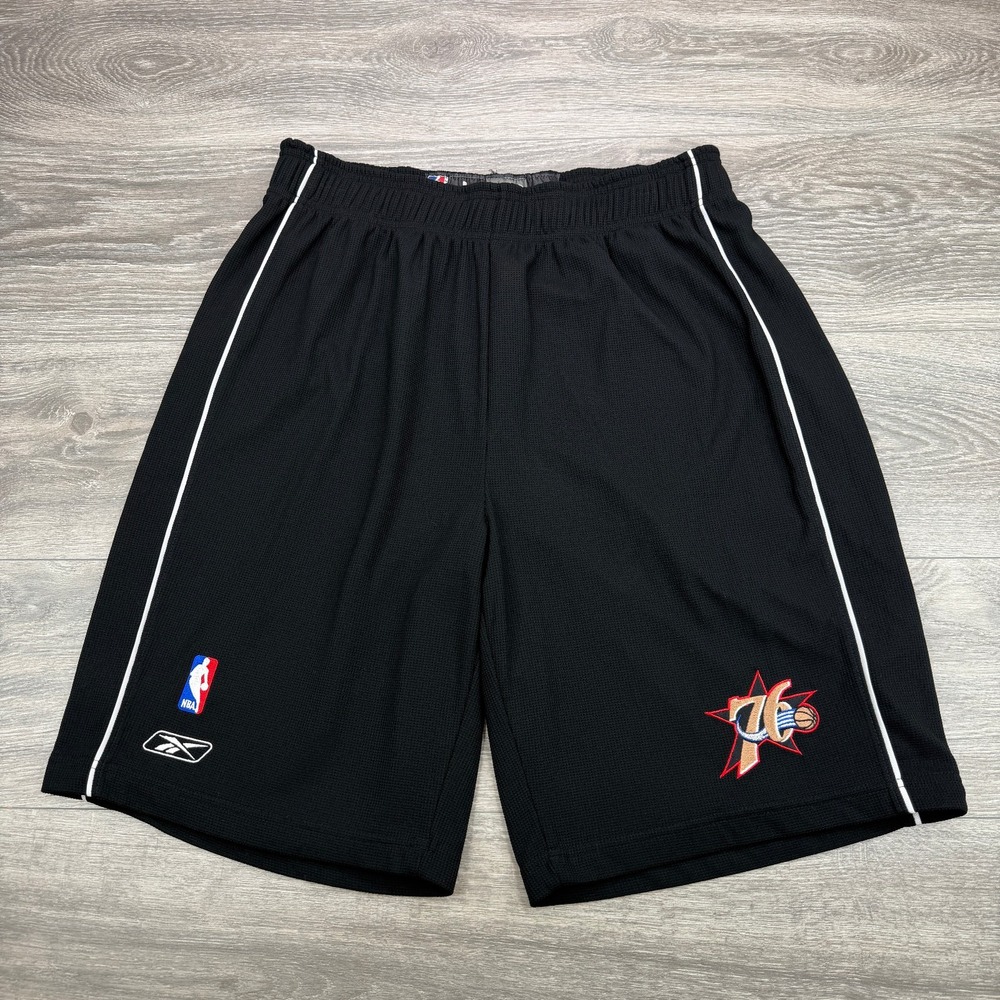 Vintage Reebok Philadelphia 76ers Shorts Mens Large Black NBA Basketball Y2K